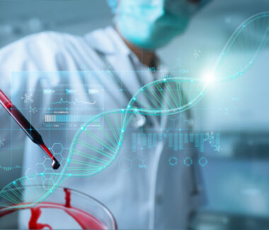 Scientific researcher analyzing and diagnosing blood testing result and virus infection on virtual interface.