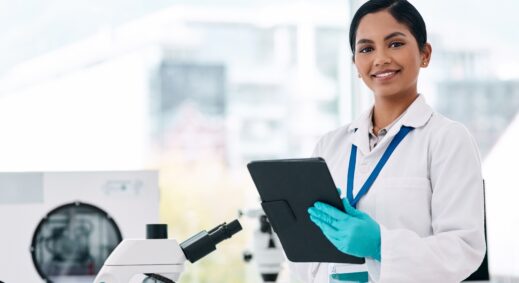 New York Blood Center lab researcher with a computer tablet