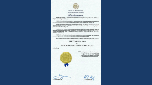 Governor Proclaims September 4 as Blood Donation Day for New Jersey