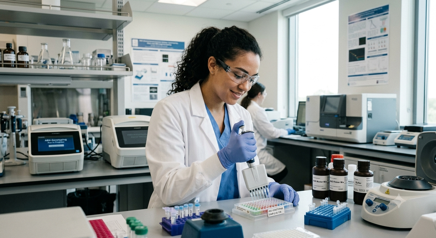 NYBCe Genomics lab technician conducting experiment