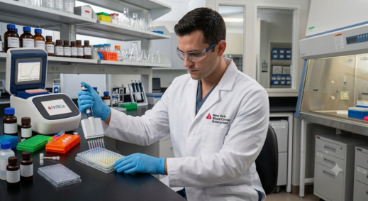 A male laboratory technician in a white lab coat with the New York Blood Center Enterprises logo on the breast pocket, focused on using a multi-channel pipette on a well plate at a modern laboratory workbench equipped with testing instruments and chemical reagent bottles.
