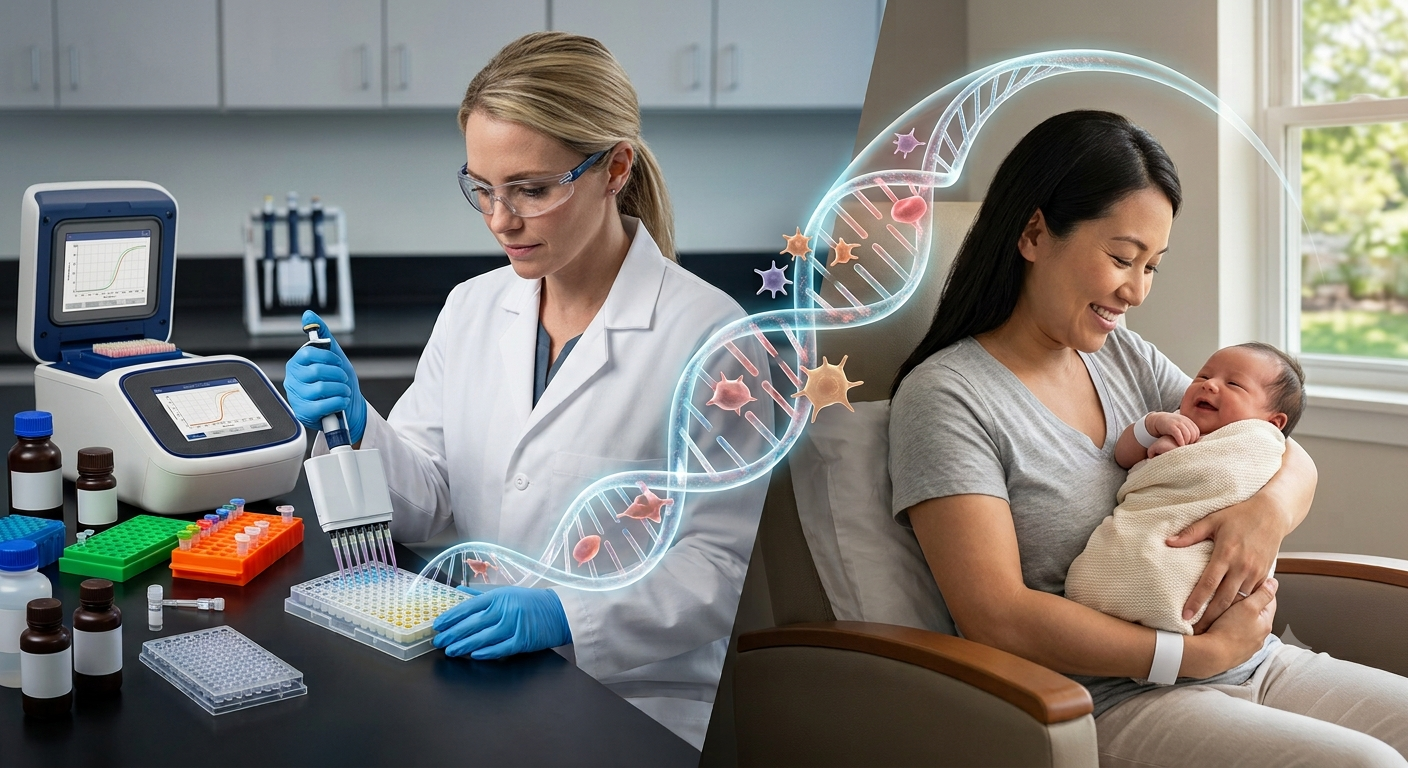 A split-screen digital graphic showing a NYBCe blonde female laboratory technician on the left using a multi-channel pipette on a well plate next to DNA analysis equipment, connected via a glowing blue 3D DNA helix to an Asian mother on the right happily cradling her newborn baby.