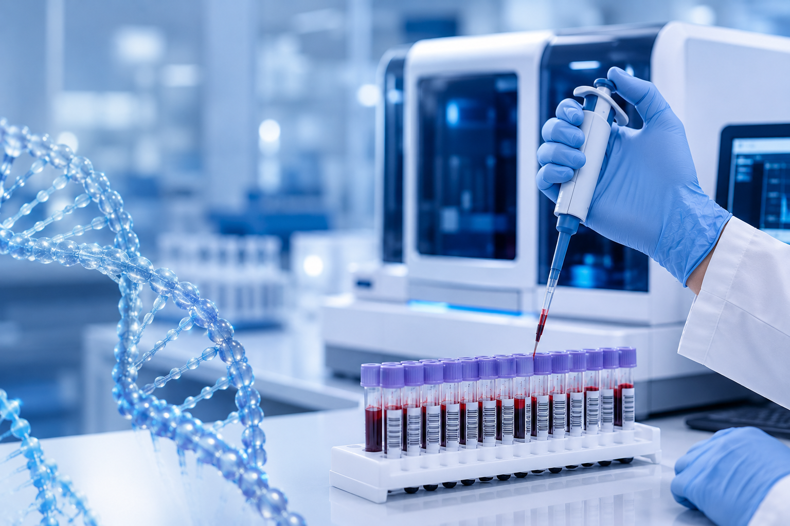 NYBCe Genomics Laboratory technician performing automated DNA testing.